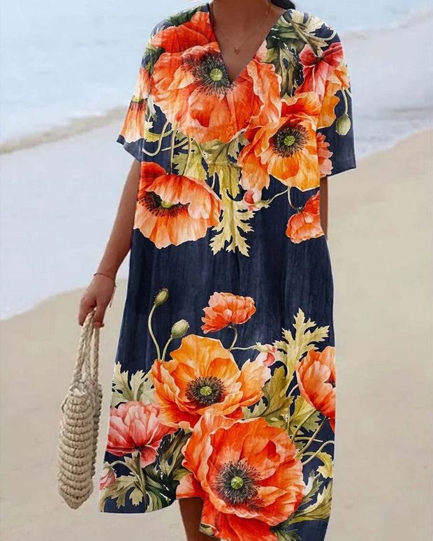 Women's V-neck Poppy Fruit Seaside Resort Style Dress