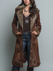 Retro Leopard Print Eco-friendly Fur Collar Polyester Suede Coat