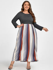 Plus Colorblock Striped Patchwork Pocket Maxi Dress Without Belt