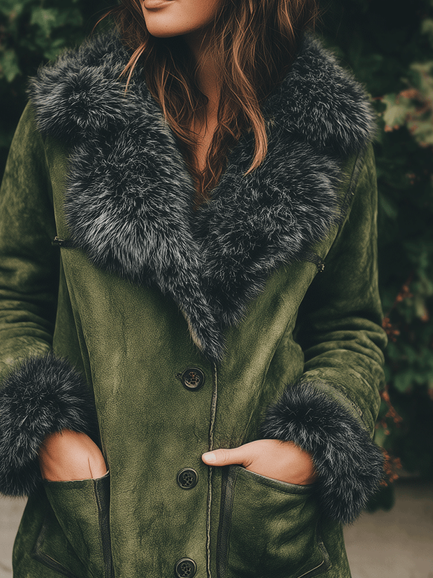 Boho Olive Faux Shearling Collar Suede Jacket