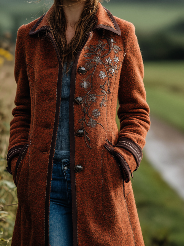 Retro Contrast Color Trim Embroidery Woolen Polyester Mid-Length Jacket