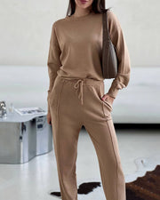 Casual round neck top and carrot pants knitted two-piece set