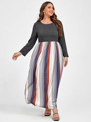 Plus Colorblock Striped Patchwork Pocket Maxi Dress Without Belt