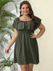 Plus Plain Off Shoulder Ruffle Elastic Waist Dress