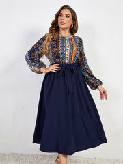 Plus Blue Floral Printed Lantern Sleeve Dress