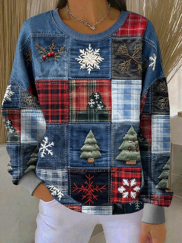 Women's Christmas Print Knitted Crew Neck Long Sleeve Top
