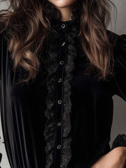 Velvet Ruffle Lace Blouse With Puff Sleeves