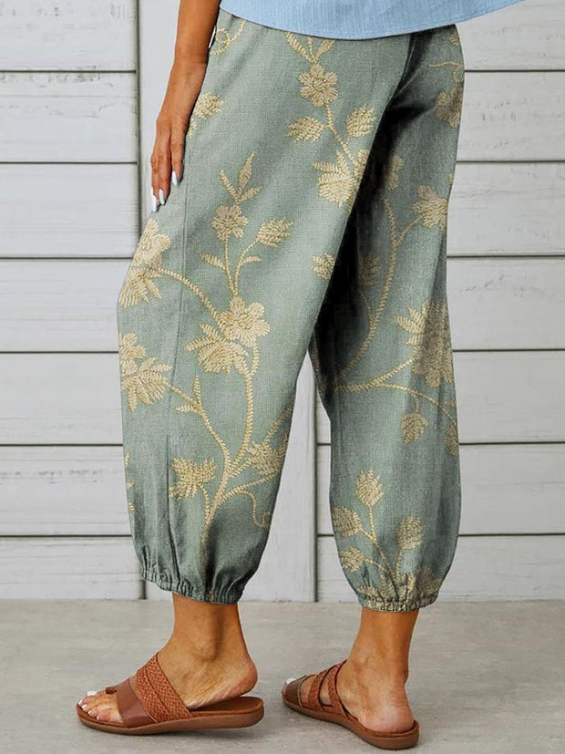 Women's Retro Elegant Floral Art Printed Cotton And Linen Casual Pants