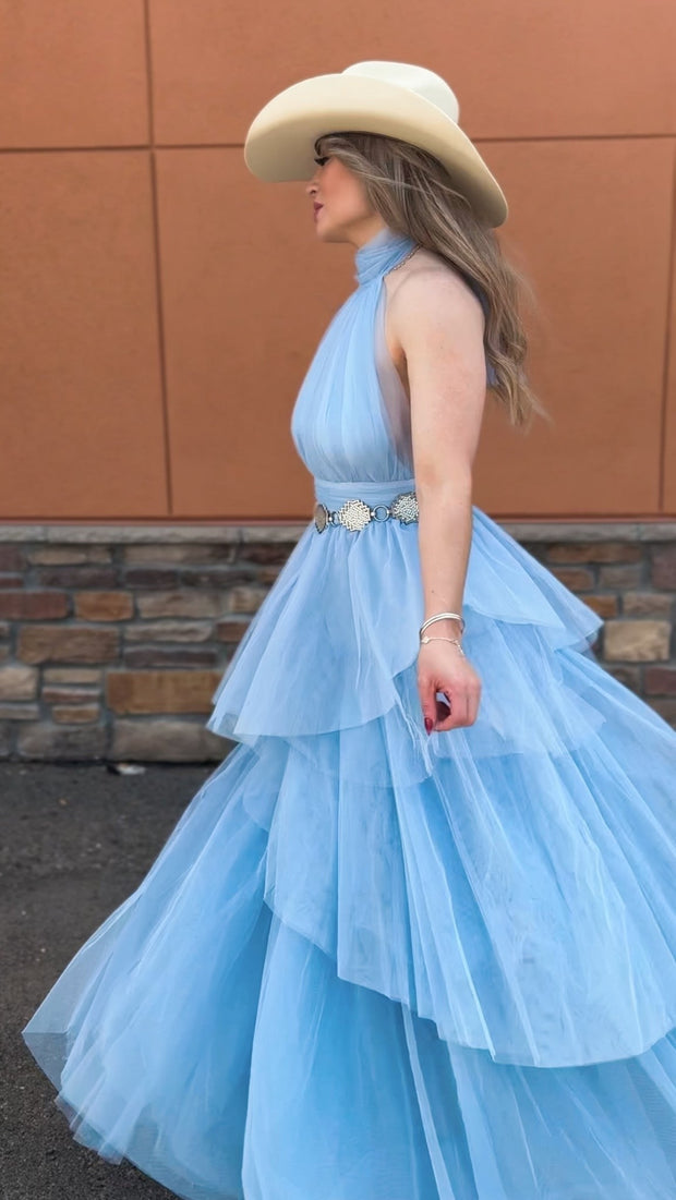 Blue Halter Maxi Tulle Dress
