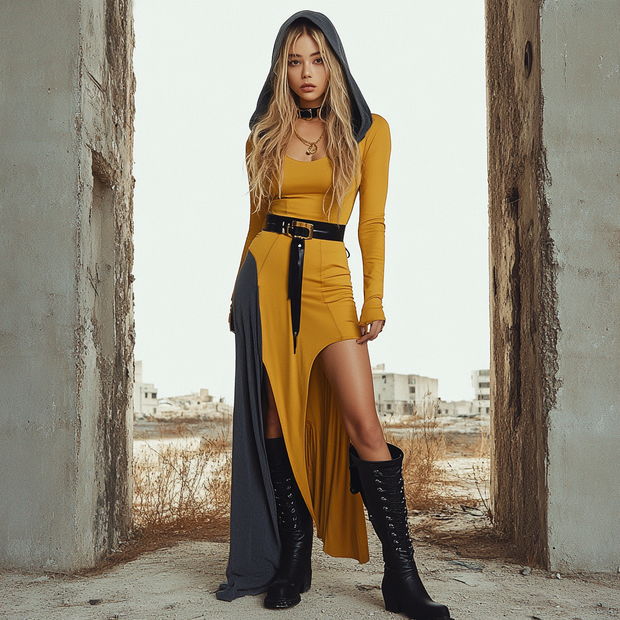 Ruin Wasteland Style Slit Hooded Dress