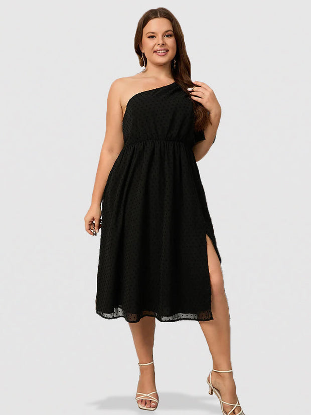 Plus Black Jacquard One Shoulder Ruffle Sleeve Elastic Waist Midi Dress