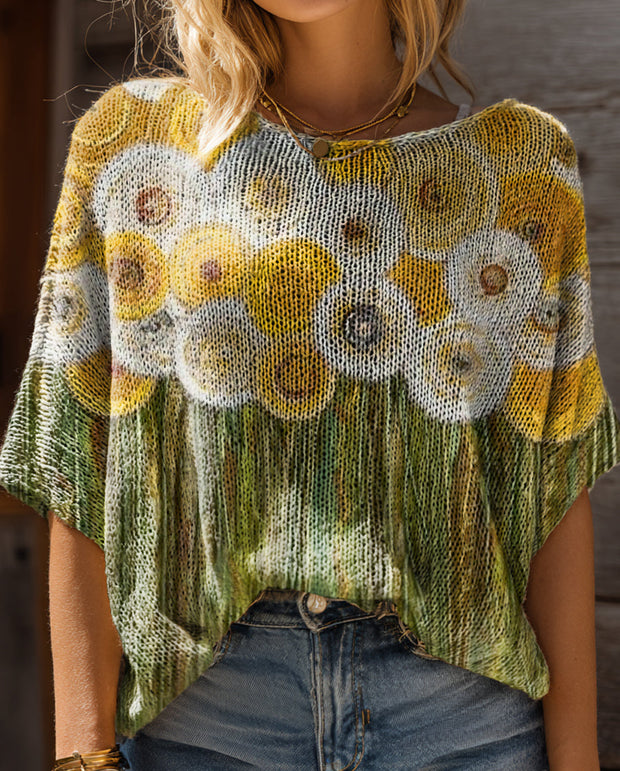 Women's Bohemian Floral Art Print Casual Short Sleeves Pullover Sweater
