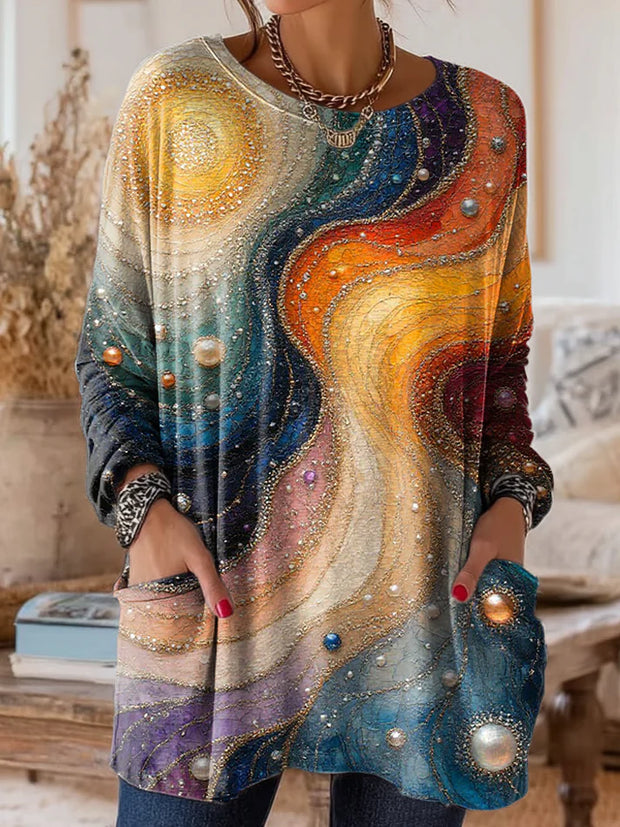 Women's Retro Colorful Art Print Casual Long Sleeve Round Neck Cotton T-Shirt