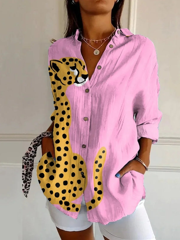 Pink Leopard Print Casual Long Sleeve Shirt