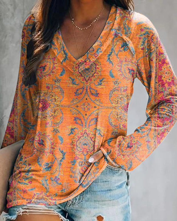 Women's Retro Ethnic Totem Art Pattern Print Casual V-Neck Long Sleeve T-Shirt