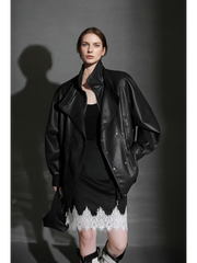 Double-Layer Collar Lambskin Leather Jacket – Chic and Bold Women’s Premium Leather Outerwear, Unique Design