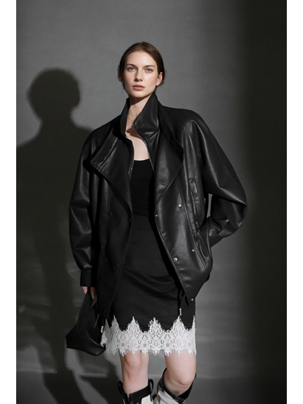 Double-Layer Collar Lambskin Leather Jacket – Chic and Bold Women’s Premium Leather Outerwear, Unique Design