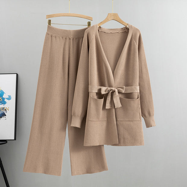 V-neck knitted cardigan jacket wide-leg pants two-piece set