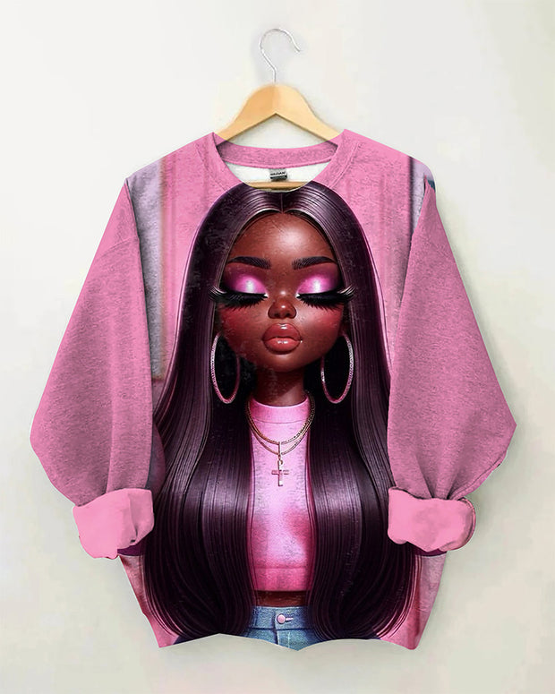 Cute Straight Black Girl Crewneck Long Sleeve Sweatshirt