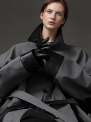 Barn-Style Chic Lambskin Leather Collar Trench Coat for Women – Gender-Neutral Long Autumn Overcoat with Unique Design