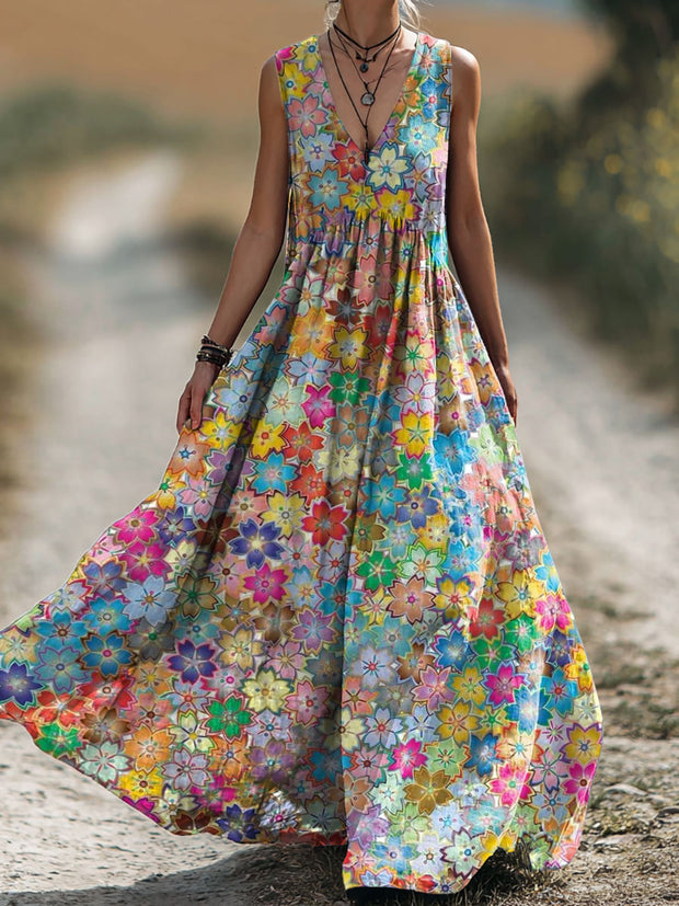 Colorful flowers Women's Print Sleeveless Cotton Pocket Dress