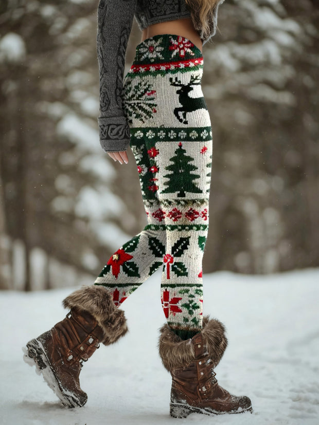 Retro Christmas Patchwork Pattern Art Print Knit Leggings