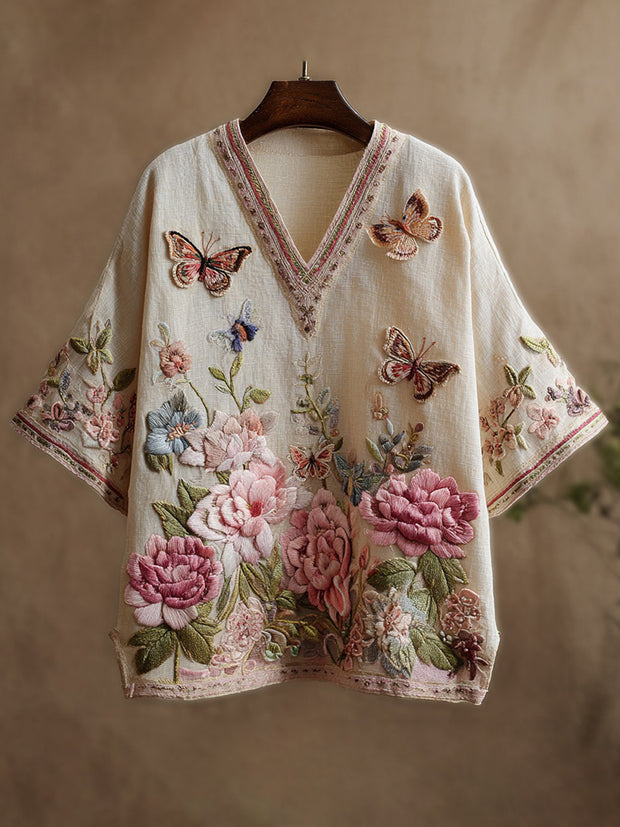 Cozy Pink Floral Butterfly Embroidery Short Sleeve Linen Three-quarter Sleeves Shirt