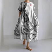 Japanese Art Octopus And Crab Print Casual Art Linen Blend Maxi Dress