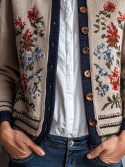 Retro Floral Embroidered Beige Knit Cardigan With Navy Trim