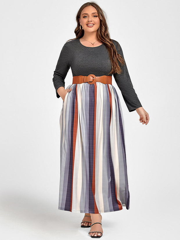 Plus Colorblock Striped Patchwork Pocket Maxi Dress Without Belt