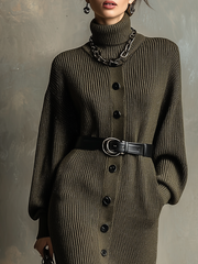 Retro High-neck Contrast Buttons Knitted Midi Dress