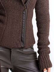 Brown Asymmetrical Zip Ribbed Knit Jacket