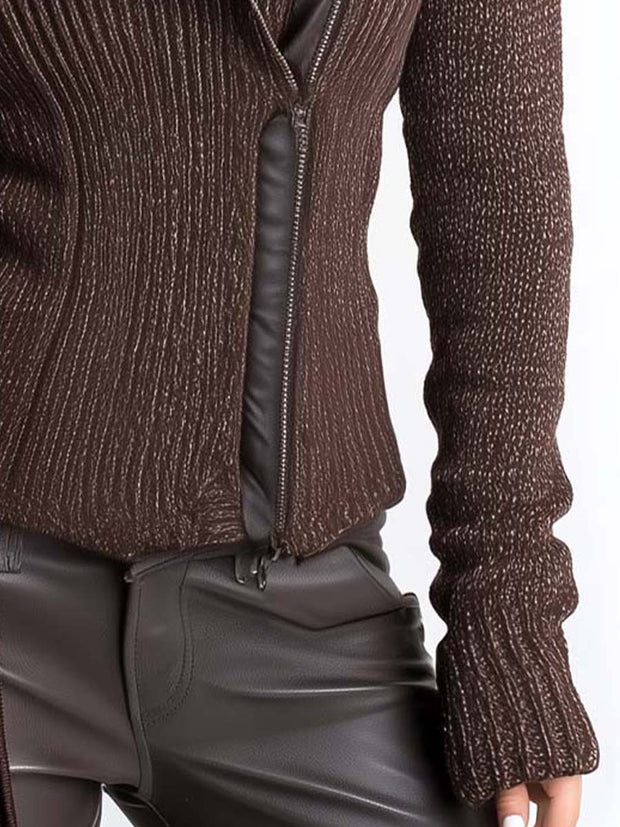 Brown Asymmetrical Zip Ribbed Knit Jacket