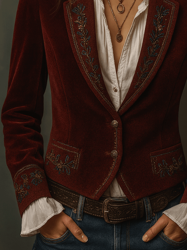 Vintage Burgundy Boho Stitching Velvet Jacket