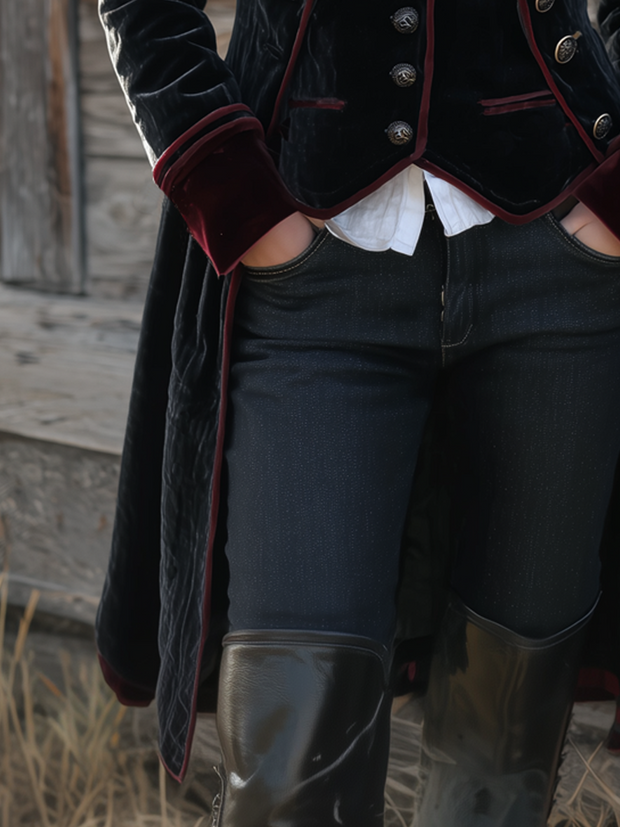 Vintage Contrast Trim Velvet Long Jacket