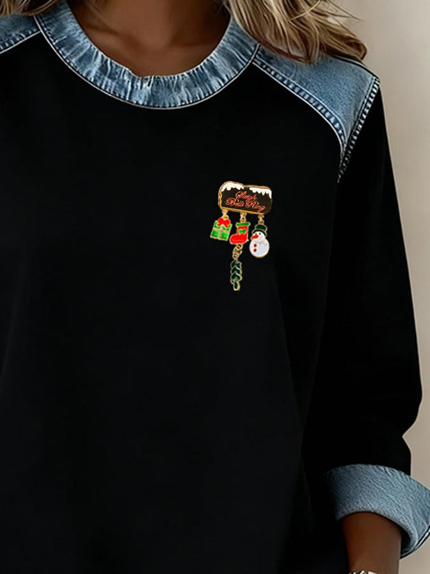 Women'S Casual Patchwork Christmas Brooch Pullover Top (Detachable Brooch)
