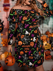 Halloween Print Off Shoulder Ruffle Trim Dress