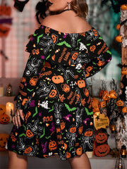 Halloween Print Off Shoulder Ruffle Trim Dress