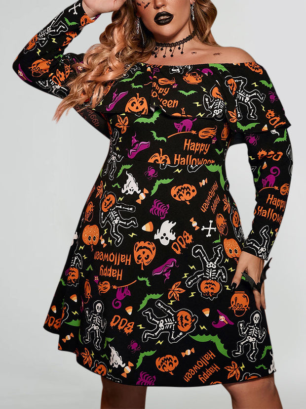 Halloween Print Off Shoulder Ruffle Trim Dress