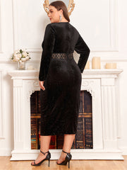 Contrast Lace Wrap Hem Velvet Dress