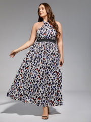 Plus Leopard Print Halter Elastic Waist Maxi Dress