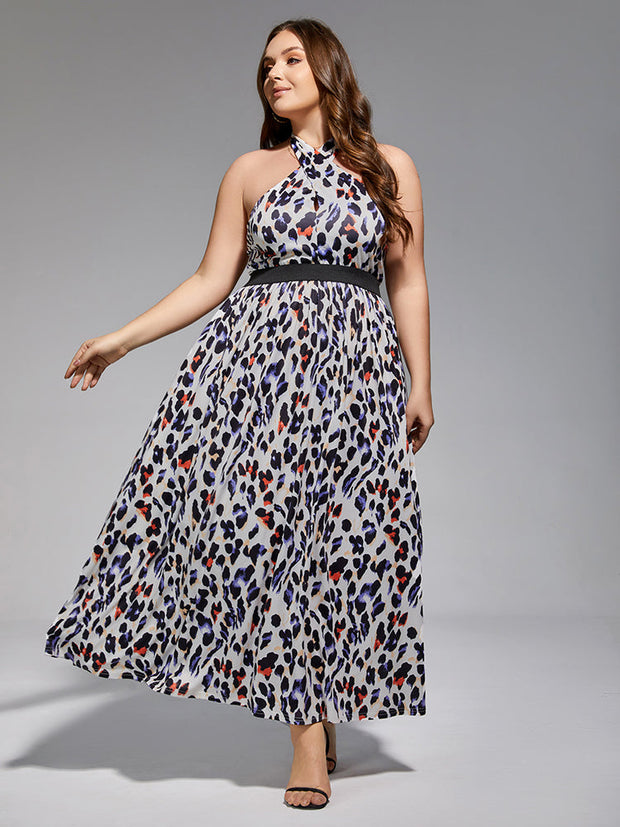 Plus Leopard Print Halter Elastic Waist Maxi Dress