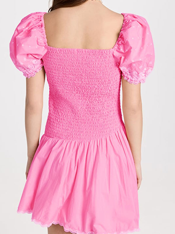 Pink puff sleeve pleated dress