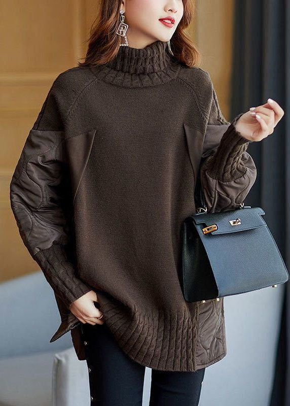 Simple Coffee Turtleneck Patchwork Loose Fall Knit sweaters