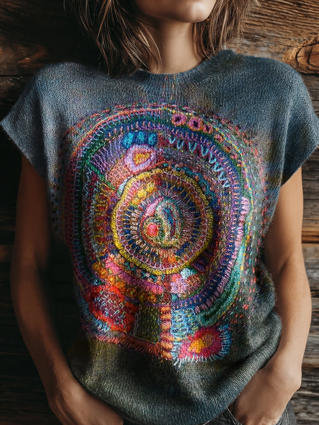 Women's Retro Line Embroidery Print Casual Crew Neck Short Sleeve Knitted Sweater