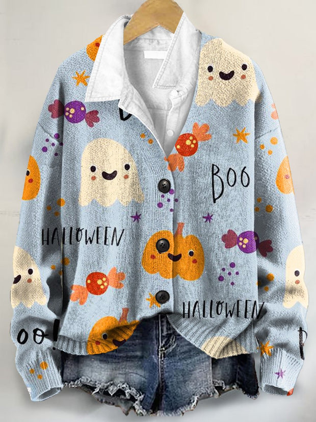 Halloween Pattern Art Print Buttoned V-neck Cardigan Sweater