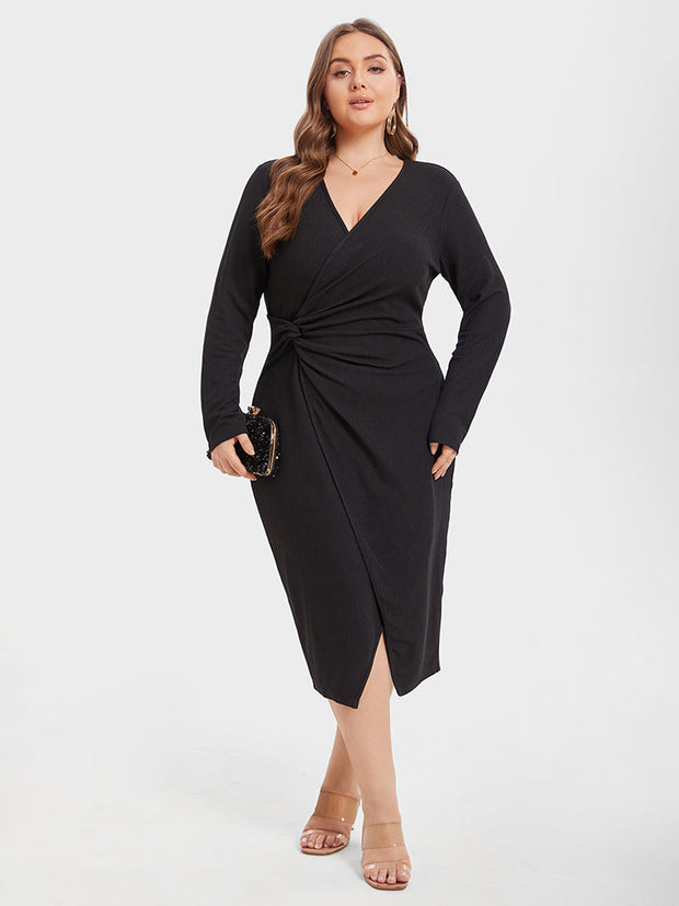 Solid Twist Front Wrap Hem Midi Dress