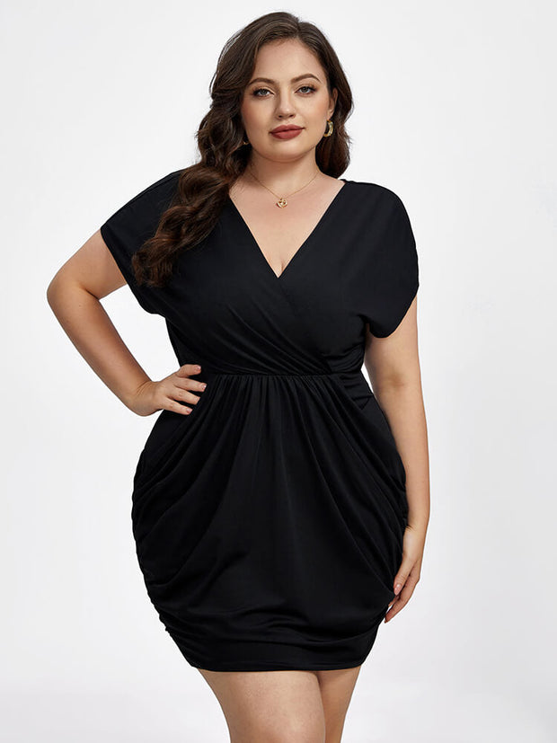 Plus Black Crisscross V-Neck Elastic Waist Ruched Dress