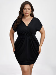 Plus Black Crisscross V-Neck Elastic Waist Ruched Dress