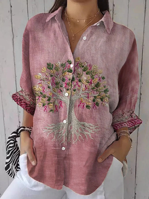 Women's Breast Cancer Consciousness Tree Of Life Webbing Long Sleeves Shirt
